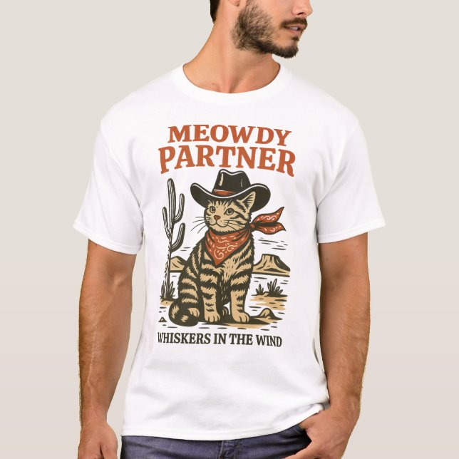Camiseta Parceiro Meowboy - Design Ocidental Engraçado Gato (Frente)