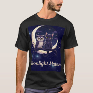 Camiseta Parceiros ao Luar Gatinho Preto Fofo e Coruja Lua 