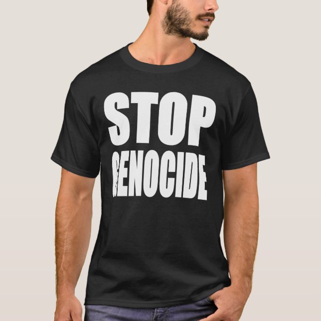 Camiseta Pare o genocídio. Proteste a mensagem (Frente)