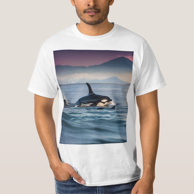 Camiseta Parental Bliss: Mamãe E Bebê Orcas No Oceano, (Frente)