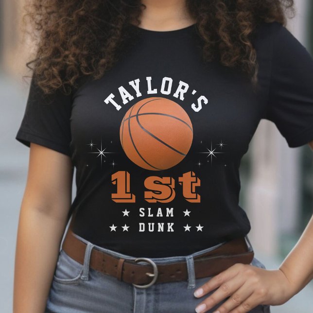Camiseta Parente do primeiro aniversario de Slam Dunk de Ba (Basketball Slam Dunk 1st Birthday Party Parent T-Shirt)