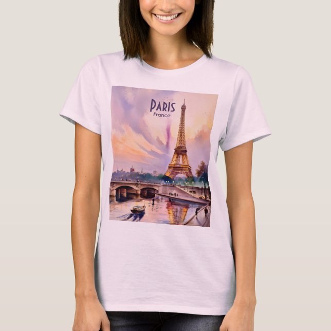 Camiseta Paris Eiffel Tower Travel Watercolor Custom Text (Frente)