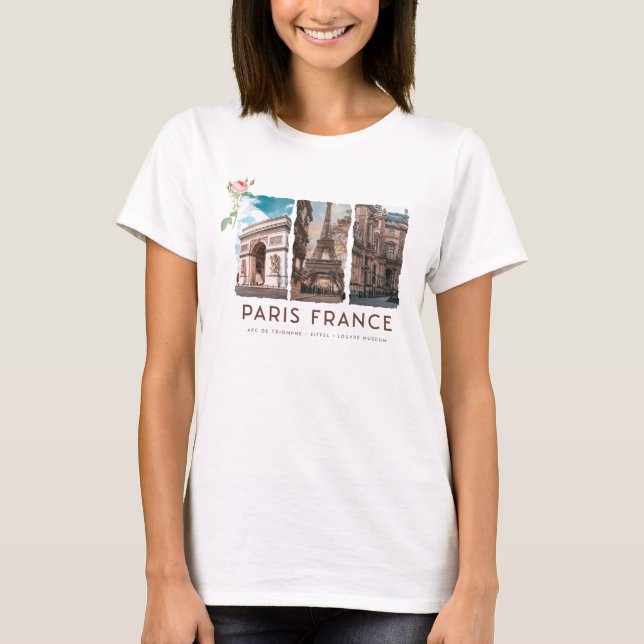 Camiseta PARIS, França. Eiffel, Louvre, Arco de Triomphe (Frente)