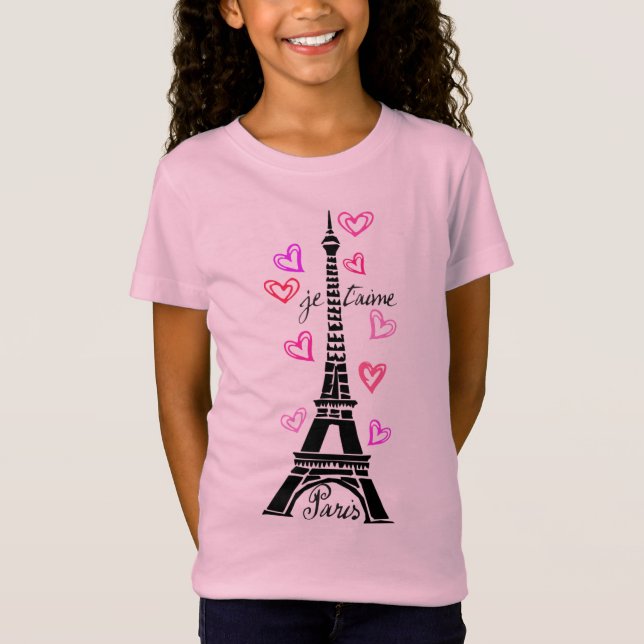 CAMISETA PARIS JE T'AIME EIFFEL E CORAÇÕES COR-DE-ROSA (Frente)