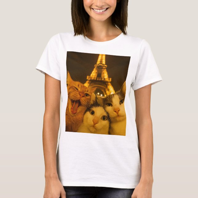 Camiseta Paris Night Cat Selfie Squad Lover                 (Frente)