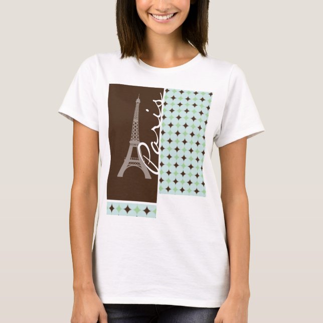 Camiseta Paris; Torre Eiffel; Verde prudente & Brown (Frente)