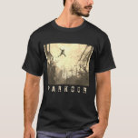Camiseta Parkour Urban Free Runling Free Styling Art Sepia<br><div class="desc">A impressão de um artista moderno de que o parkour é praticado em uma rua urbana de trás em tons de sépia.</div>
