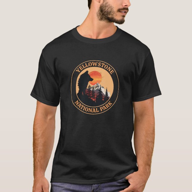Camiseta Parque Nacional Yellowstone, Arte do Lobo Sunset,  (Frente)