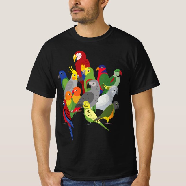 Camiseta Parrot Flock - Macaw, Cockatoo, African Grey, & Bu (Frente)