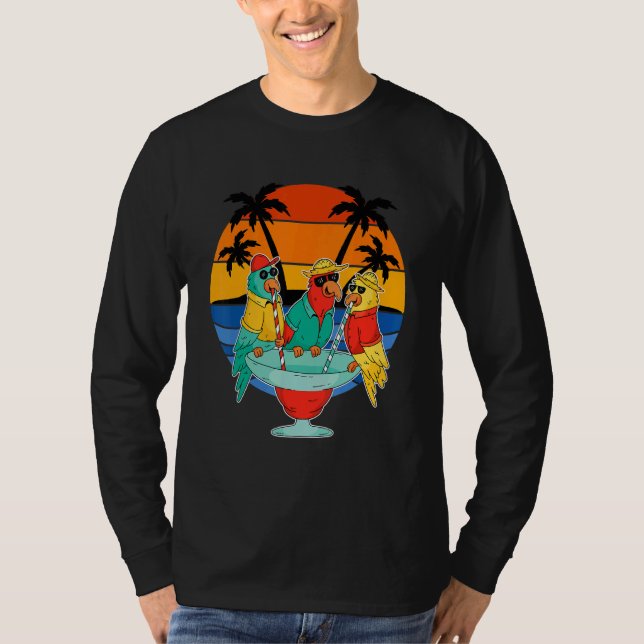 Camiseta Parrots Bebendo Havaiano Férias Sunset Palm Tre (Frente)