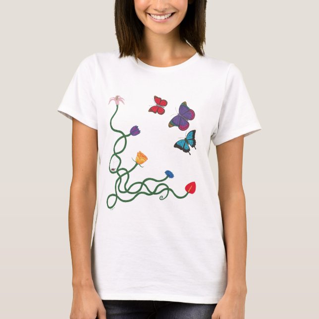 Camiseta Parte dianteira das flores e das borboletas (Frente)
