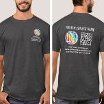 Camiseta Parte frontal Código QR e Logotipo impresso e impr<br><div class="desc">Crie os camisetas digitalizáveis com o logotipo de sua empresa impresso e personalizado para anúncios de promocionais de negócios ou uniformes de funcionários. Para criar seu próprio código QR usando o gerador, basta digitar o URL do site no modelo. Todas as palavras são simples de personalizar ou excluir. As cores,...</div>