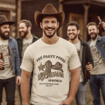 Camiseta Partido do padrinho de casamento Possuir o Cowboy<br><div class="desc">Esta camisa bonita é perfeita para um país ou festa de solteiro temático ocidental. Ele apresenta um design de corte de madeira bonito com uma bota de cowboy, chapéu, e crachá do xerife lendo "Party Posse". O texto diz: Padrinho de casamento com o seu nome por baixo. Na parte inferior...</div>