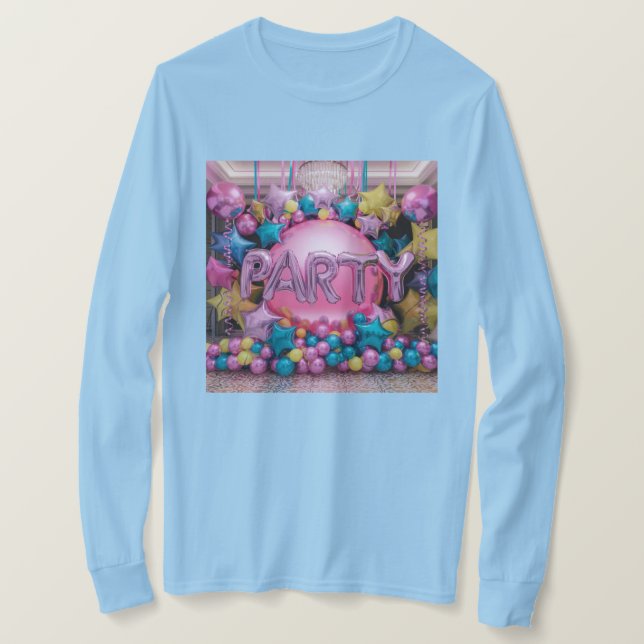 Camiseta Partido dos Balões de Capa Longa Azul-Claro, de Mu (Frente do Design)