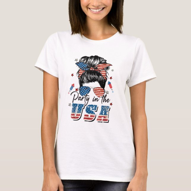 Camiseta Partido em USA Girls 4 de julho Messy Bun (Frente)