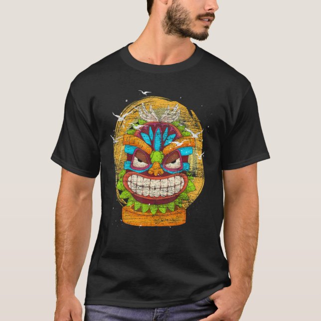 Camiseta Partido Polinésio Luau Estátua Havaiana Havaí Tiki (Frente)