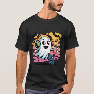 Camiseta Party Ghost with Cat Cute Halloween Cartoon
