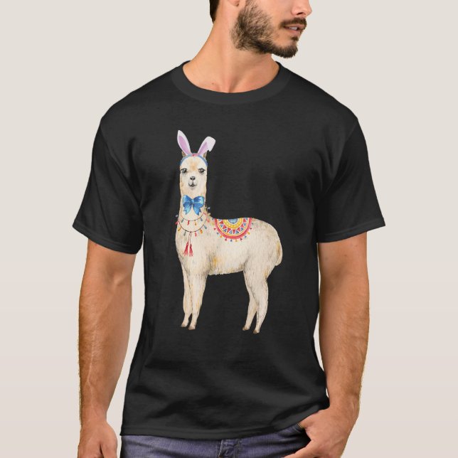 Camiseta Páscoa Adorável Llama Bunny Ears Llama Arco Tie Gi (Frente)