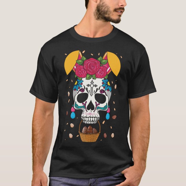 Camiseta Páscoa Bunny Flower Dia De Los Muertos Happy Easte (Frente)