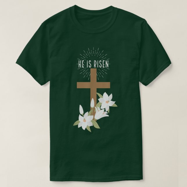 Camiseta Páscoa Christian Ele é Risen Jesus Feliz Cruz Flo (Frente do Design)