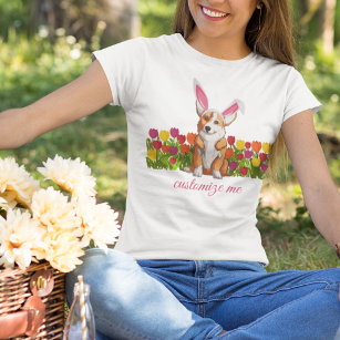 Camiseta Páscoa Corgi Bunny Ears Flores Fólias Fólias Fólia