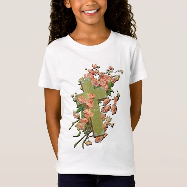 Camiseta Páscoa Cruz com Flores Cor-de-Rosa Meninas Brancas (Frente)