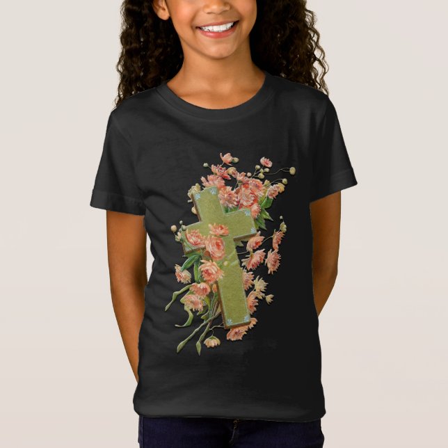 Camiseta Páscoa Cruz com Flores Rosa Negras Meninas Negras  (Frente)