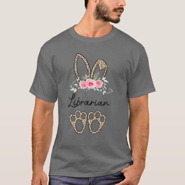 Camiseta Páscoa de Bunny Bibliotecária de Leopardo (Frente)