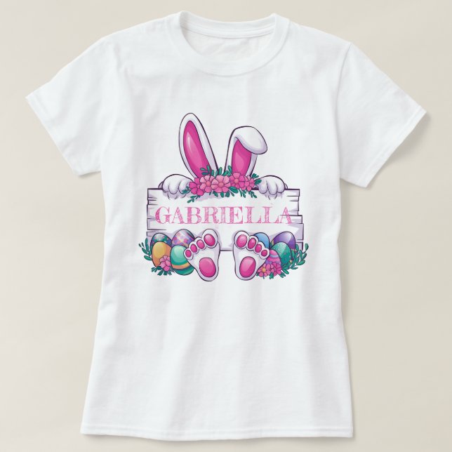 Camiseta Páscoa de Nome Personalizado Tee; Coelhinhos e Ovo (Frente do Design)