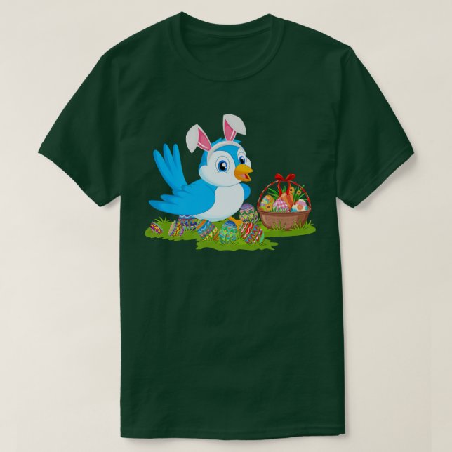 Camiseta Páscoa de pássaros-azuis caçadores de ovos coelhos (Frente do Design)