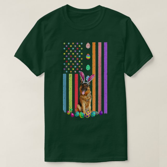 Camiseta Páscoa Dia Americano Ovos Bandeiras Cão German she (Frente do Design)