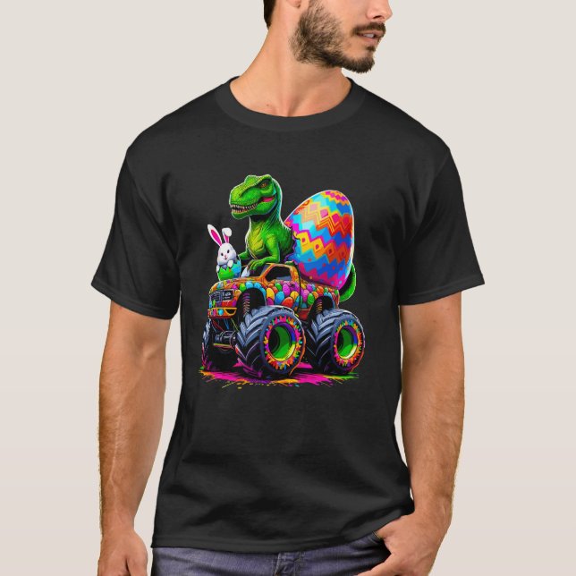 Camiseta Páscoa Dia Coelho Monstro Ovos de Caminhão Dinossa (Frente)