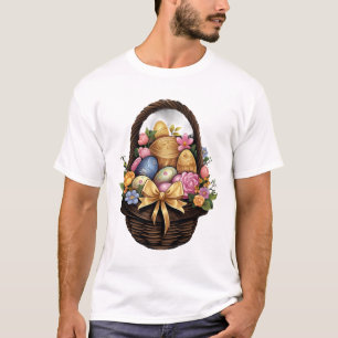 Camiseta Páscoa Dia Páscoa Cesta de Ovos Coloridos Flores