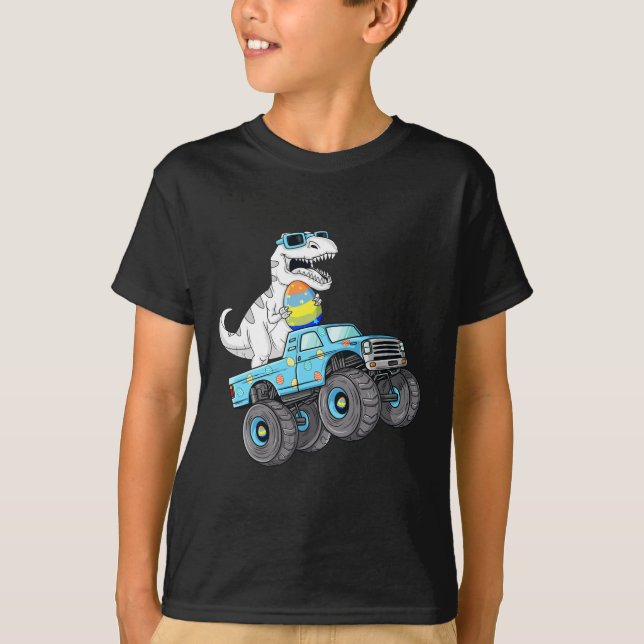 Camiseta Páscoa Dia T Rex Dino Dirigindo Um Monster Truck B (Frente)