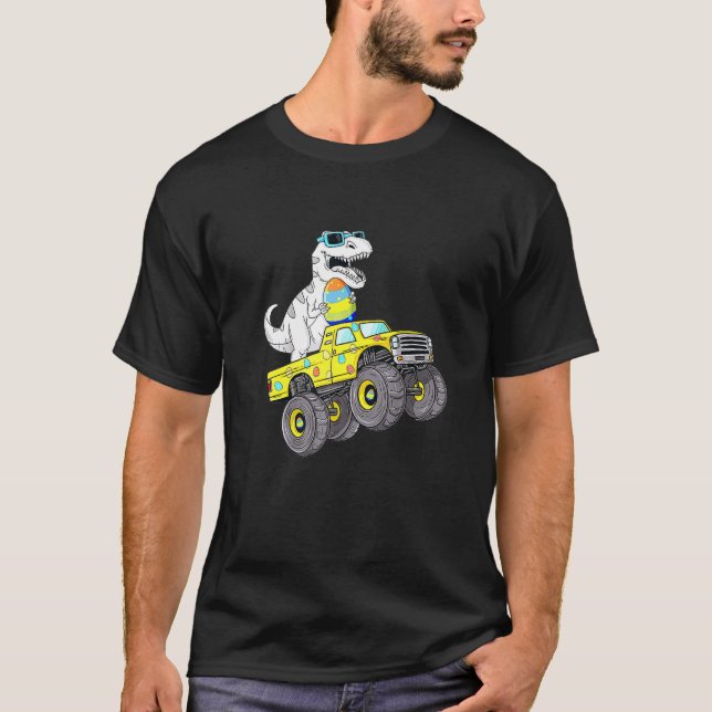 Camiseta Páscoa Dia T Rex Dino Dirigindo Um Monster Truck B (Frente)