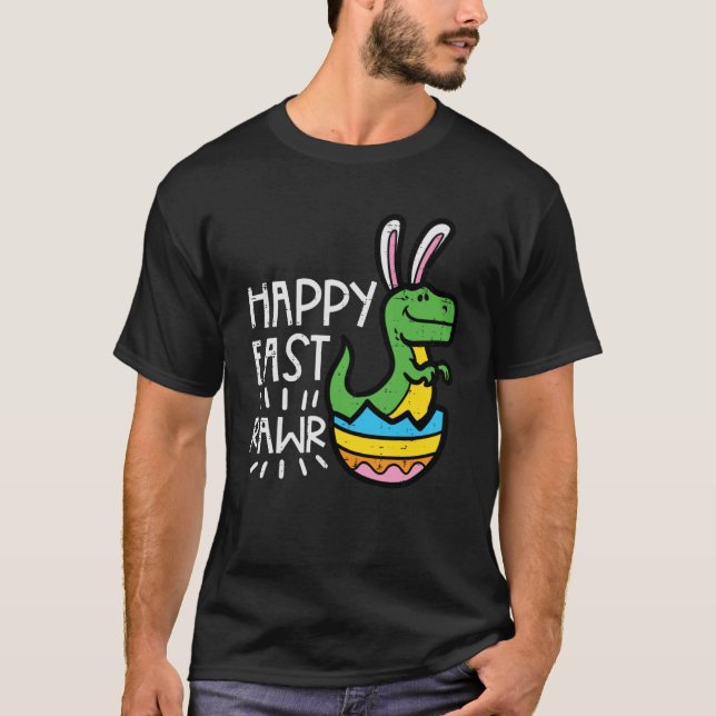 Camiseta Páscoa Dino Bunny Egg Happy East Rawr Trex Boys Ki (Frente)