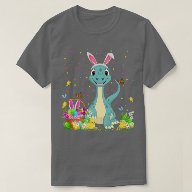 Camiseta Páscoa Dinossauro Coelhinho De Ovo Caçando Páscoa  (Frente do Design)
