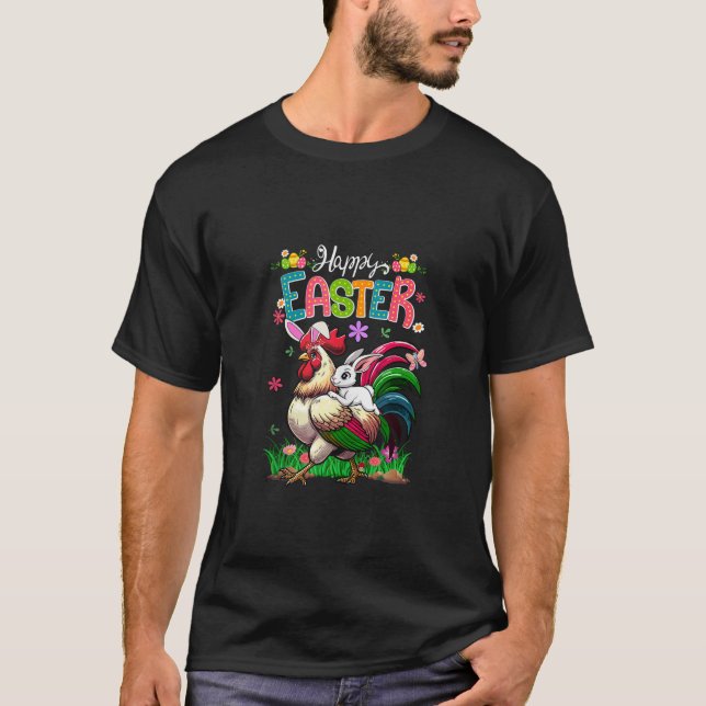 Camiseta Páscoa E felz pascoa  Arco de Galinha Anel Andando (Frente)