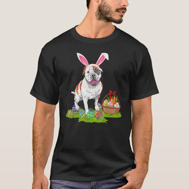 Camiseta Páscoa Engraçada Caça Ao Ovo Coelho Americano Bull (Frente)