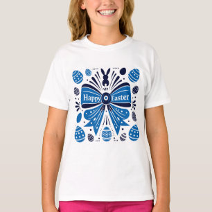 Camiseta Páscoa Feliz Arco Azul Arte Popular Coelho & Ovos