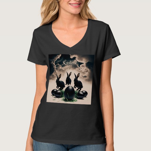 Camiseta Páscoa Gótica - Coelhos Escuros e Ovos Misteriosos (Frente)
