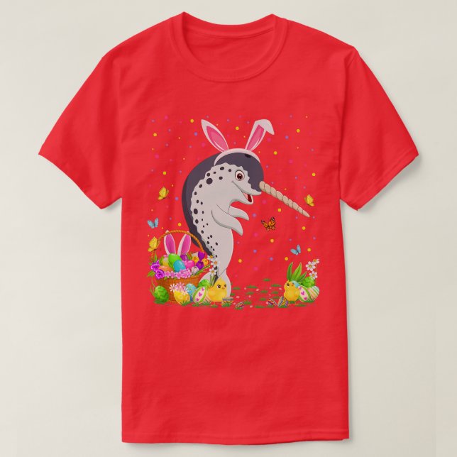 Camiseta Páscoa Narral Peixes Coelhinhos de Ovos Caça Narwh (Frente do Design)