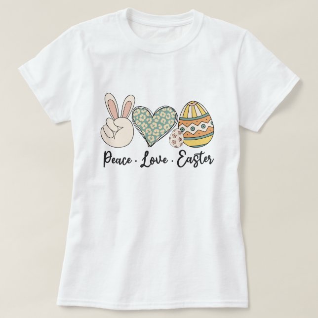 Camiseta Páscoa Peace Love - Diversão e Primavera  (Frente do Design)