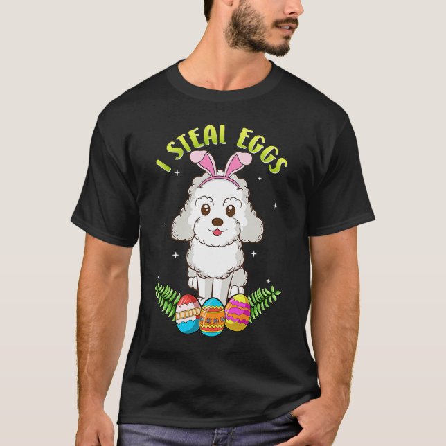 Camiseta Páscoa Poodle dog com Bunny Ears Eu roubo ovos (Frente)