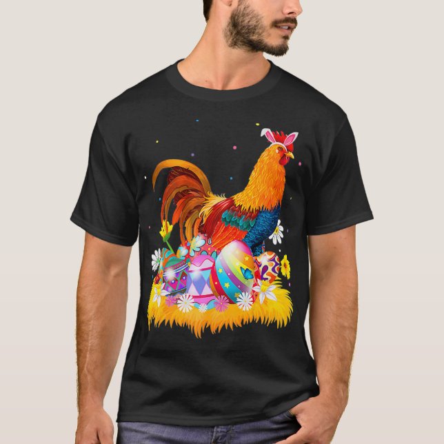 Camiseta Páscoa Rooster BunnyEars, Páscoa de frango no dia (Frente)