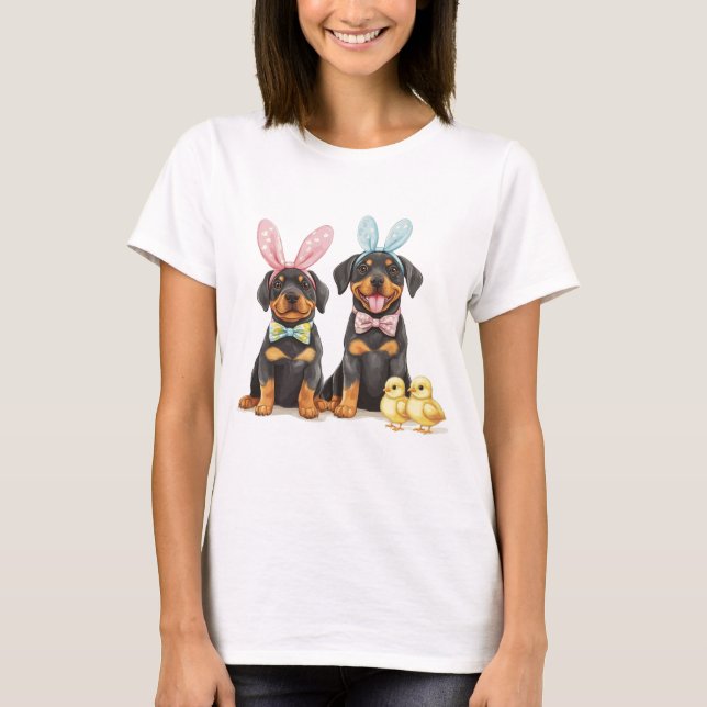Camiseta Páscoa Rottweiler Cães Coelhinhos (Frente)