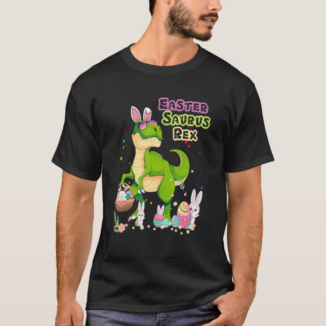 Camiseta Páscoa Saurus Rex Dinosaur Rex Bunny Basket Ovos E (Frente)