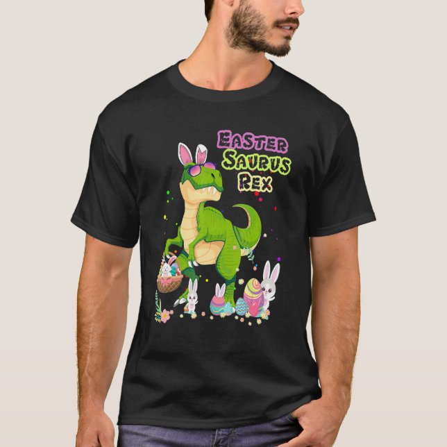 Camiseta Páscoa Saurus Rex Dinossaur T Rex Bunny Basket Ovo (Frente)