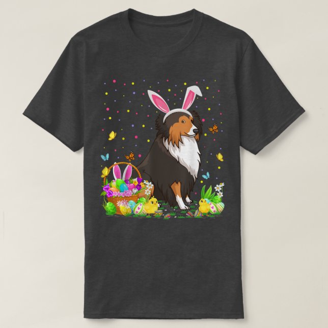 Camiseta Páscoa Sheltie Dog Bunny Ovo Caça Sheltie Easte (Frente do Design)