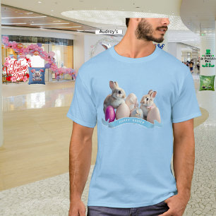 Camiseta Páscoa T-Shirt Dois Coelhos e Ovos de Páscoa